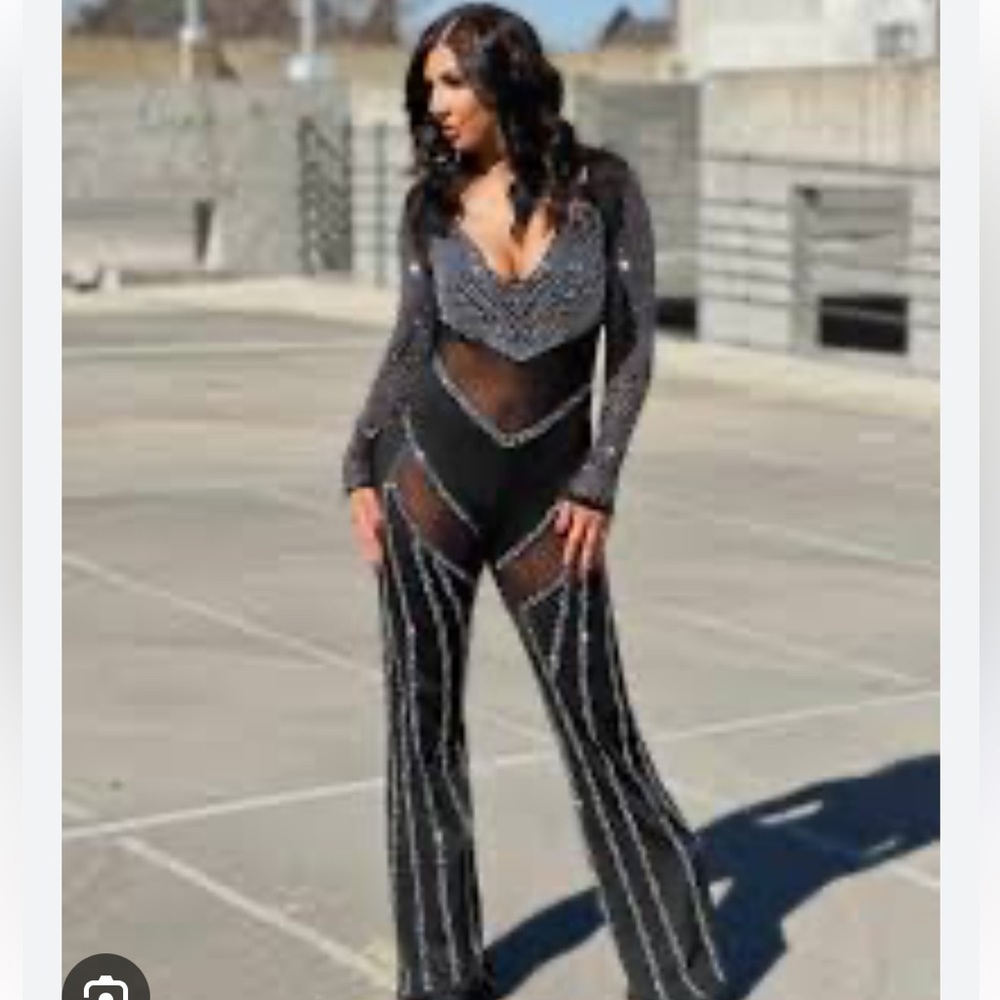 Southern Fried Chics See You Lookin’ Jumpsuit sequin rhinestone Size XXL black
